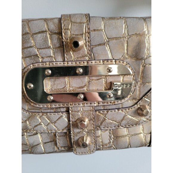 Y2K GUESS Patent Leather Croc studded Shoulder Bag Bagget Gold vintage shimmer - Picture 2 of 12